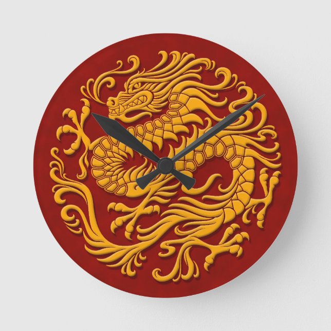 Reloj Redondo Mediano Círculo tradicional de dragón chino amarillo y roj (Anverso)