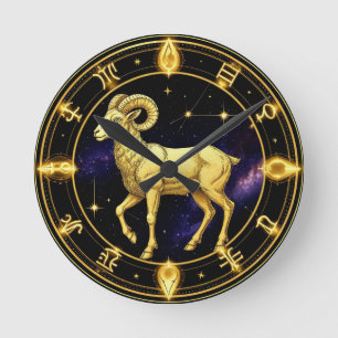 Reloj Redondo Mediano Círculo Zodiacal Aries Dorado Con Carnero