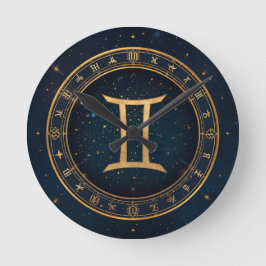 Reloj Redondo Mediano Círculo Zodiacal Géminis Dorado Con Noche Estrella