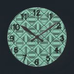 Reloj Redondo Mediano Círculos Art Deco y diamantes<br><div class="desc">Este reloj de pared tiene un diseño art deco de diamantes dentro de diamantes con líneas verticales y círculos con líneas horizontales sobre un campo turquesa.</div>