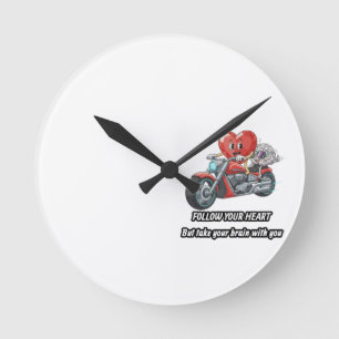 Reloj Redondo Mediano Cita divertida de motociclista corazón sigue tu co