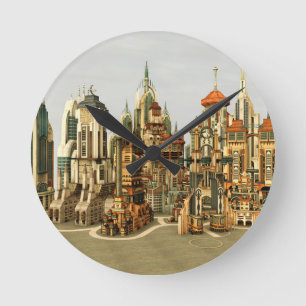 Reloj Redondo Mediano Ciudad de fantasía futurista Arte de horizonte de
