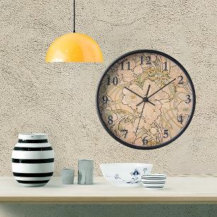 Reloj Redondo Mediano Clásico patrón de jardín de peonías Art Nouveau de