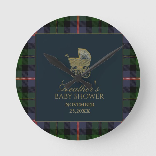 Reloj Redondo Mediano Classic Dark Green Blue Plaid Baby Shower (Anverso)