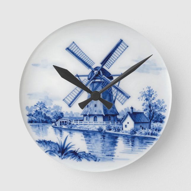 Reloj Redondo Mediano Classic Delft Blue Windmill Canal Scene (Anverso)
