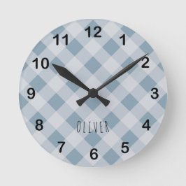 Reloj Redondo Mediano Classic Elegant Blue Gingham Plaid & Custom Name 