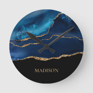 Reloj Redondo Mediano Classy Azul Marino Dorado Brillante Negro Primer N