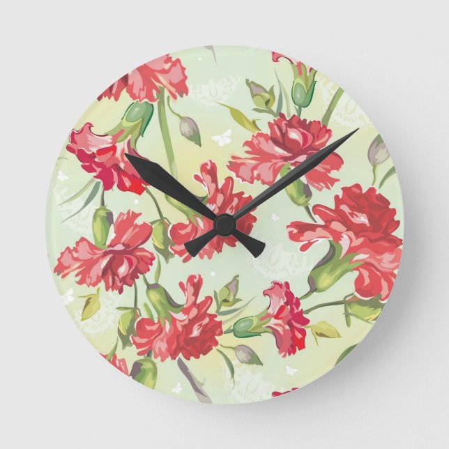 Reloj Redondo Mediano Claveles rojos en verde con las mariposas (Anverso)