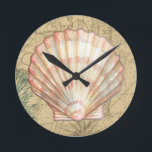 Reloj Redondo Mediano Coastal Map Collage<br><div class="desc">There's nothing quite like this map of the sea life. This translucent collection of these seashells will go great on any products. It gives a vintage feel to the image and captures the sea life underwater. It includes a stripe pink and white seashell and a sepia colored conch shell.</div>