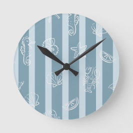 Reloj Redondo Mediano Coastal Nautical Pattern | Blue Sea Shell & Seahor
