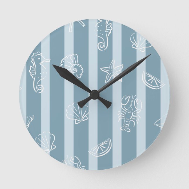 Reloj Redondo Mediano Coastal Nautical Pattern | Blue Sea Shell & Seahor (Anverso)