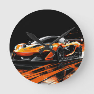 Reloj Redondo Mediano Coche deportivo naranja elegante en carrera