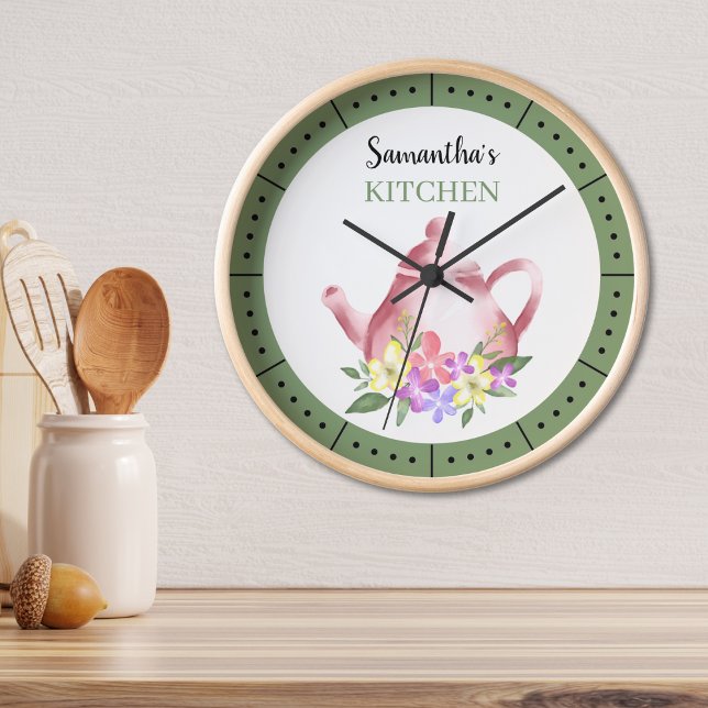 Reloj Redondo Mediano Cocina con nombre personalizado de tetera floral a (Watercolor Floral Teapot Custom Name Kitchen Round Clock Rustic home decor Gift for mom grandma)