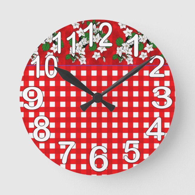Reloj Redondo Mediano Cocina de campo de gingham roja y blanca (Anverso)