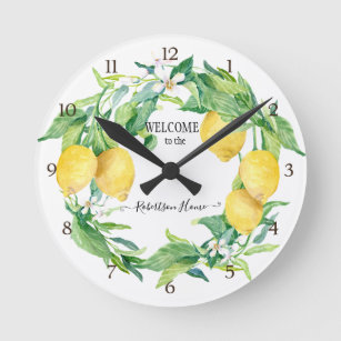 Reloj Redondo Mediano Cocina de granja Lemon Greenery Wreath Yellow