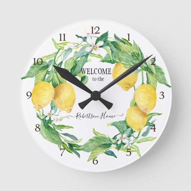 Reloj Redondo Mediano Cocina de granja Lemon Greenery Wreath Yellow (Anverso)