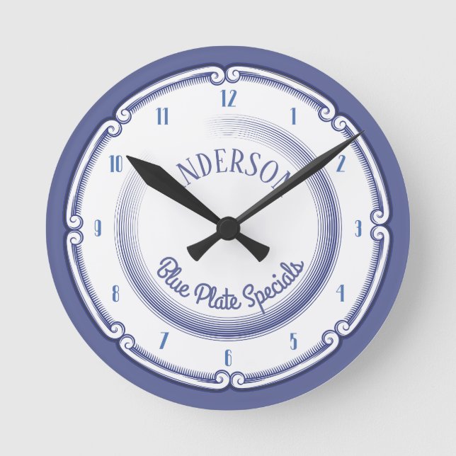 Reloj Redondo Mediano Cocina especial personalizada con placa azul (Anverso)