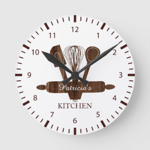 Reloj Redondo Mediano Cocina Personalizada Rústica De Madera Oscura Y Bl