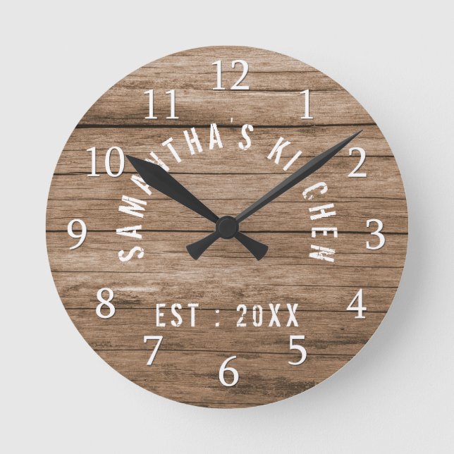 Reloj Redondo Mediano Cocina rústica de granja de madera personalizada (Anverso)