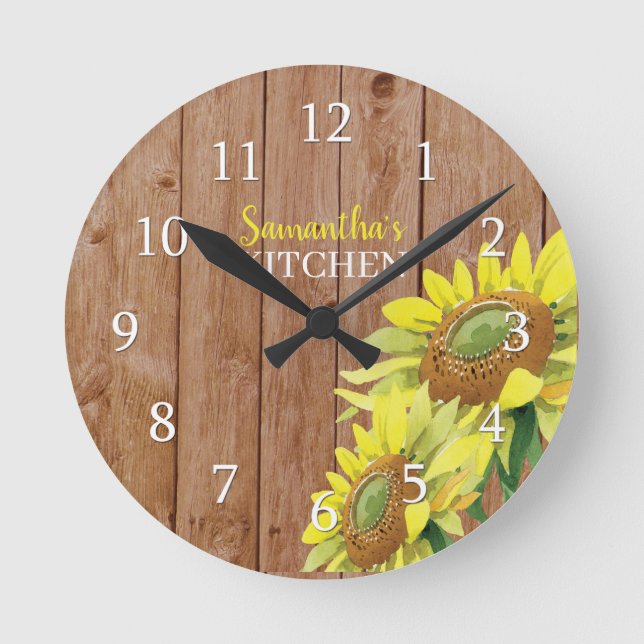 Reloj Redondo Mediano Cocina Rústica Personalizada De Madera Y Girasol (Anverso)