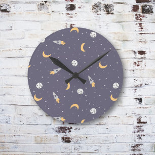 Reloj Redondo Mediano Cohete Planeta Estrellas Luna Espacio