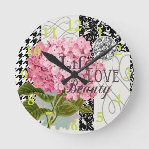 Reloj Redondo Mediano Colaje de Hortensia Rosa Chic Arte de Damasco Vint