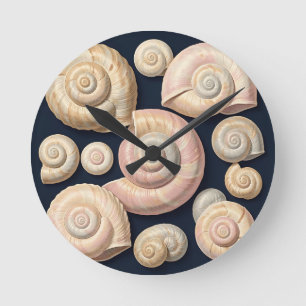 Reloj Redondo Mediano Colección de conchas de caracol beige rosa náutico