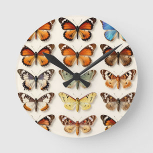 Reloj Redondo Mediano Colección de mariposas vintage en rejilla