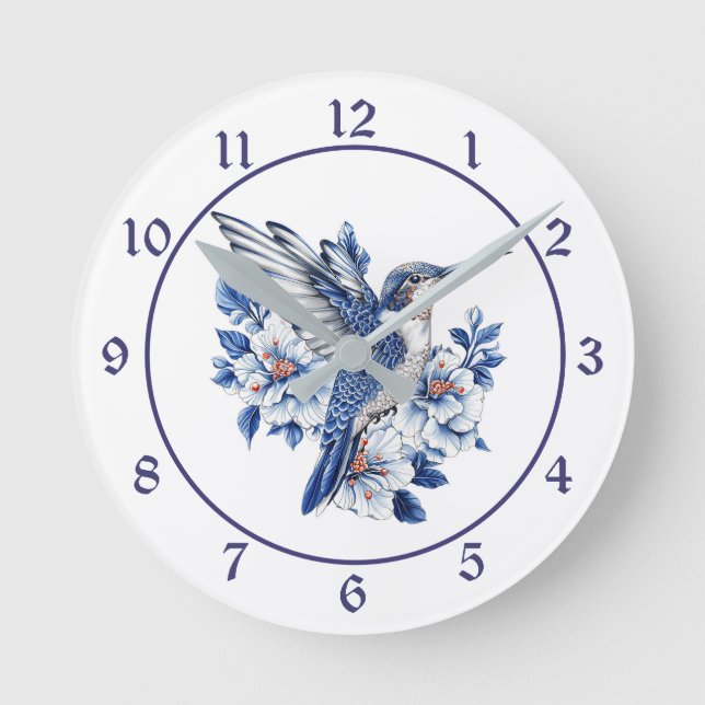 Reloj Redondo Mediano Colibrí Azul Floral (Anverso)