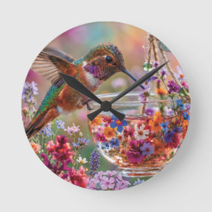 Reloj Redondo Mediano Colibrí bebiendo néctar de taza de té floral