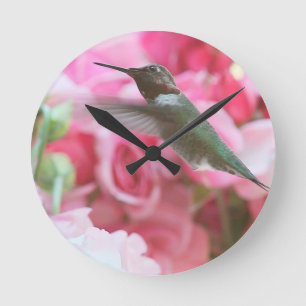 Reloj Redondo Mediano Colibrí con flores de primavera rosadas