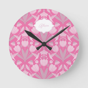 Reloj Redondo Mediano Colibrí Rosa Coquette Floral Personalizado