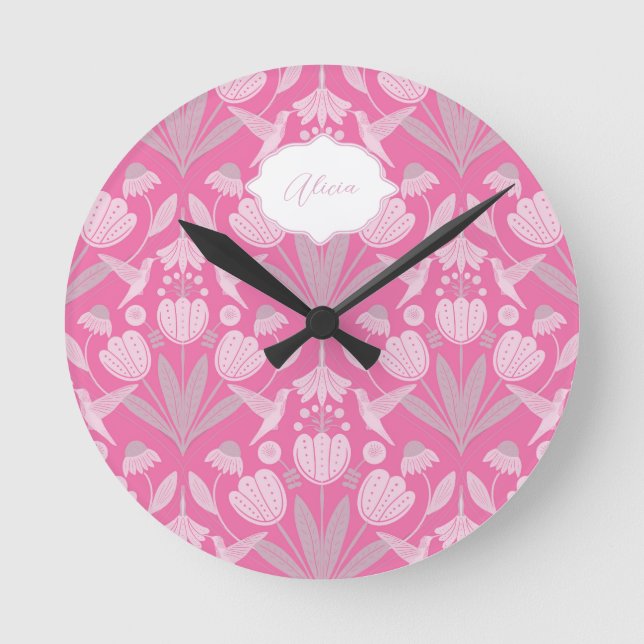 Reloj Redondo Mediano Colibrí Rosa Coquette Floral Personalizado (Anverso)