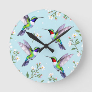 Reloj Redondo Mediano Colibríes Vibrantes y Flor de Cerezo Blanca