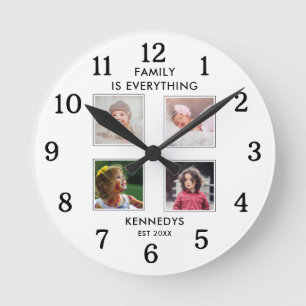 Reloj Redondo Mediano Collage de 4 fotos con nombre de familia y cita en