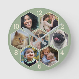 Reloj Redondo Mediano Collage de fotos familiar 7 Personalizado Sage Hex