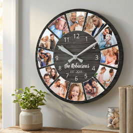 Reloj Redondo Mediano Collage de Fotos Personalizadas Madera Negra Famil