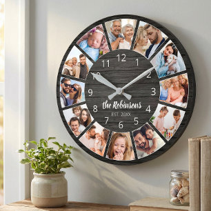 Reloj Redondo Mediano Collage de Fotos Personalizadas Madera Negra Famil