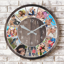 Reloj Redondo Mediano Collage de fotos personalizado Familia Rustic Farm
