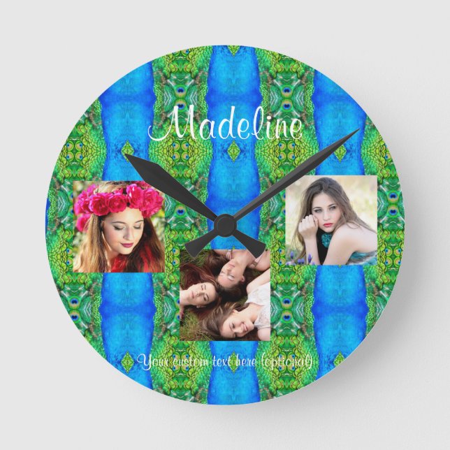 Reloj Redondo Mediano Collage de fotos personalizado plantilla de texto  (Anverso)