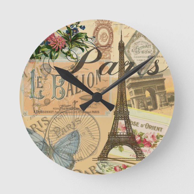 Reloj Redondo Mediano Collage de Viajes de París Francia (Anverso)