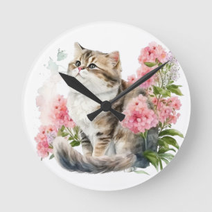 RELOJ REDONDO MEDIANO COLOR DE AGUA GATO PERSA CON FLORES DE COLOR ROSA