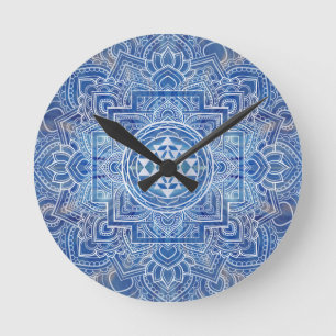 Reloj Redondo Mediano Colores de agua azules de Sri Yantra/Sri Chakra
