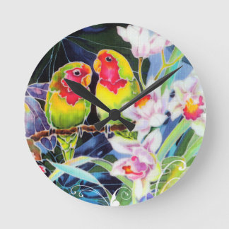 Reloj Redondo Mediano Colorful Love Birds and Orchids Tropical Print