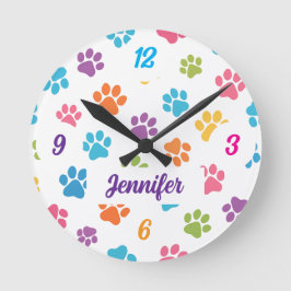 Reloj Redondo Mediano Colorful Paw Print Wall Clock with Custom Name 