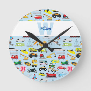 Reloj Redondo Mediano Colorful Transportation & Vehicles Kids Pattern