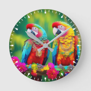 Reloj Redondo Mediano Coloridas Aves Crudas En La Rama-67859