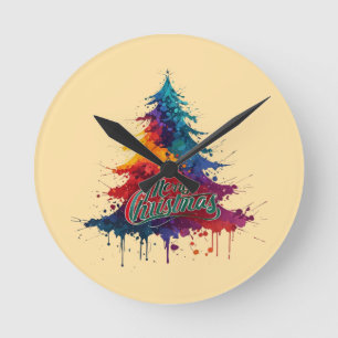 Reloj Redondo Mediano Colorido arte de árbol de Navidad - Feliz Deco de