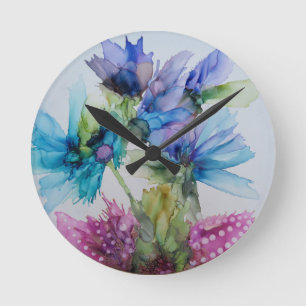 Reloj Redondo Mediano Colorido Azul Púrpura Rosa Verde Floral Art