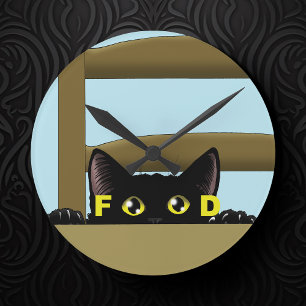 Reloj Redondo Mediano Comida para gatos negros Gato hambriento divertido